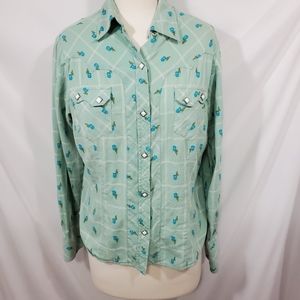 Roper Green Button Down Shirt with Blue Floral Pattern